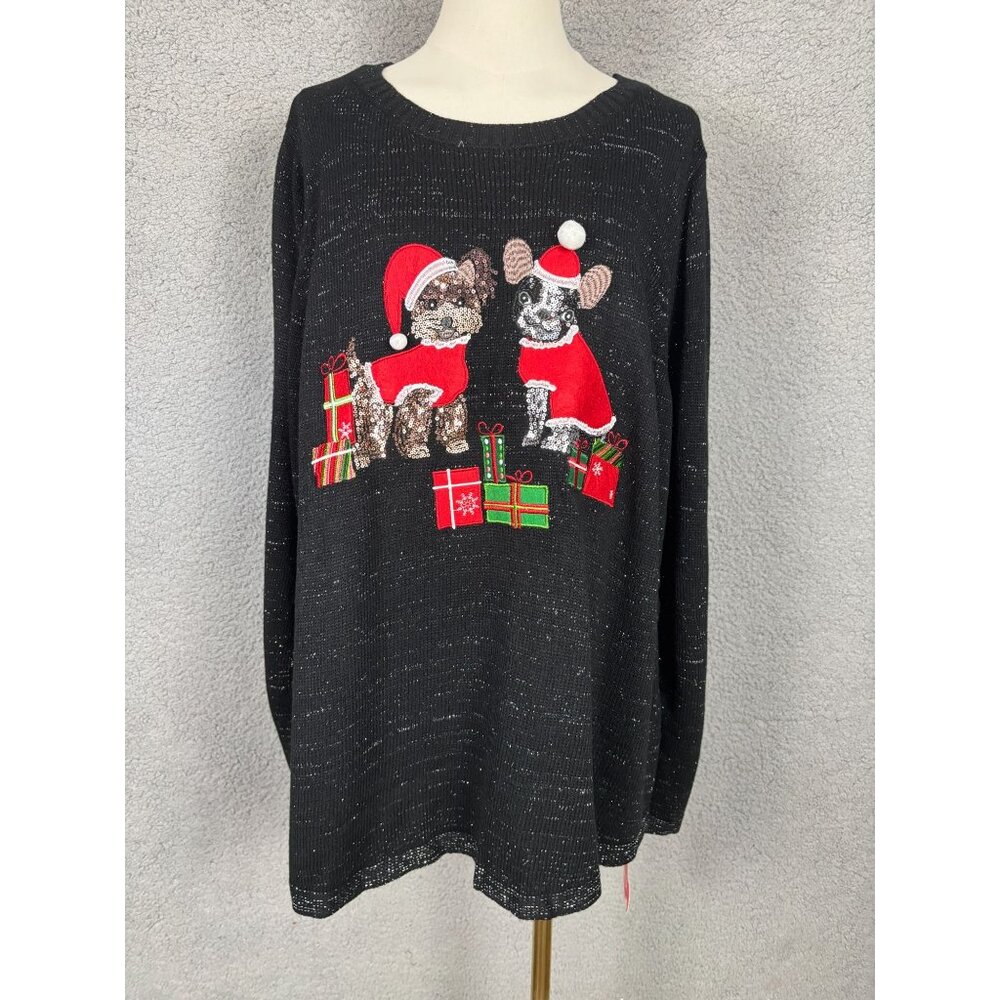 Holiday Lane Plus Black Lurex Christmas Sweater Dog Appliqué Size 1X NWT's